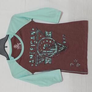 American Fighter T Shirt Top Burgundy Teal Raglan 3/4 Sleeve‎ Graphic